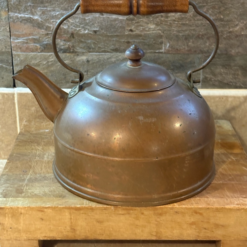 Vintage Copper tone Tea Kettle Wooden Handle Rustic Farmhouse Cottage Decor
